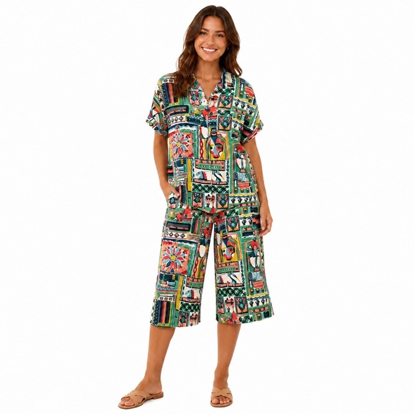 Lafayette 148 New York Other - Lafayette 148 New York XXL Abstract Geometric Cotton 2 Piece Top Coulotte Set
